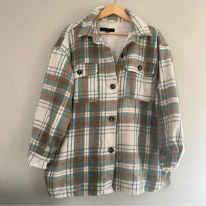 Forever 21 Cream Green Flannel Shacket Jacket Button Down Fall Comfy Oversized
